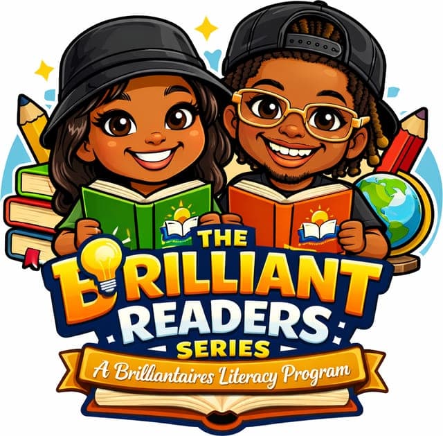 The Brilliant Readers Series badge: two illustrated children reading open books above a banner reading a Brilliantaires literacy program
